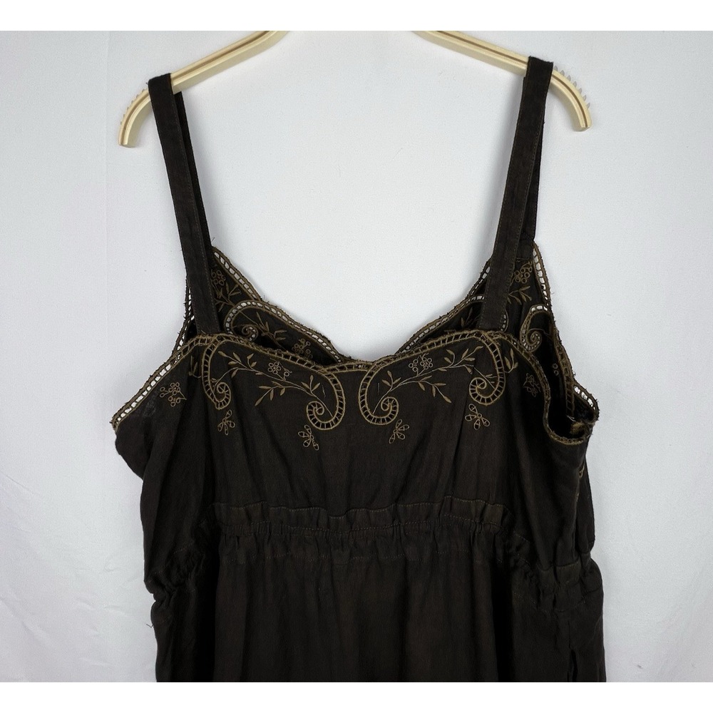 J.CREW Brown 100% Linen Embroidered Slip Dress Women 16 Boho Peasant Pockets - Picture 8 of 14